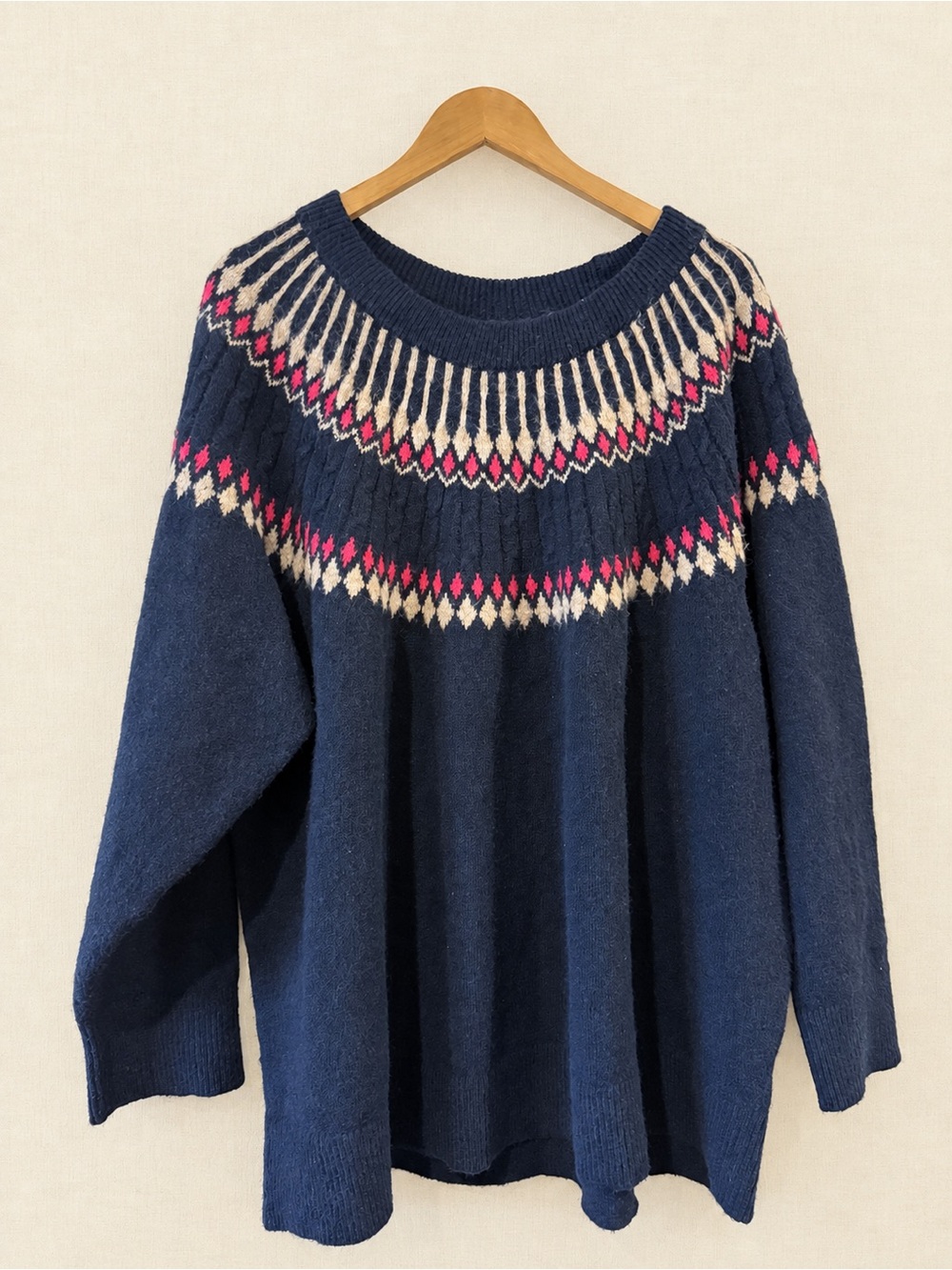 croft & barrow Navy Fair Isle Crewneck Sweater with Cream and Pink Accents